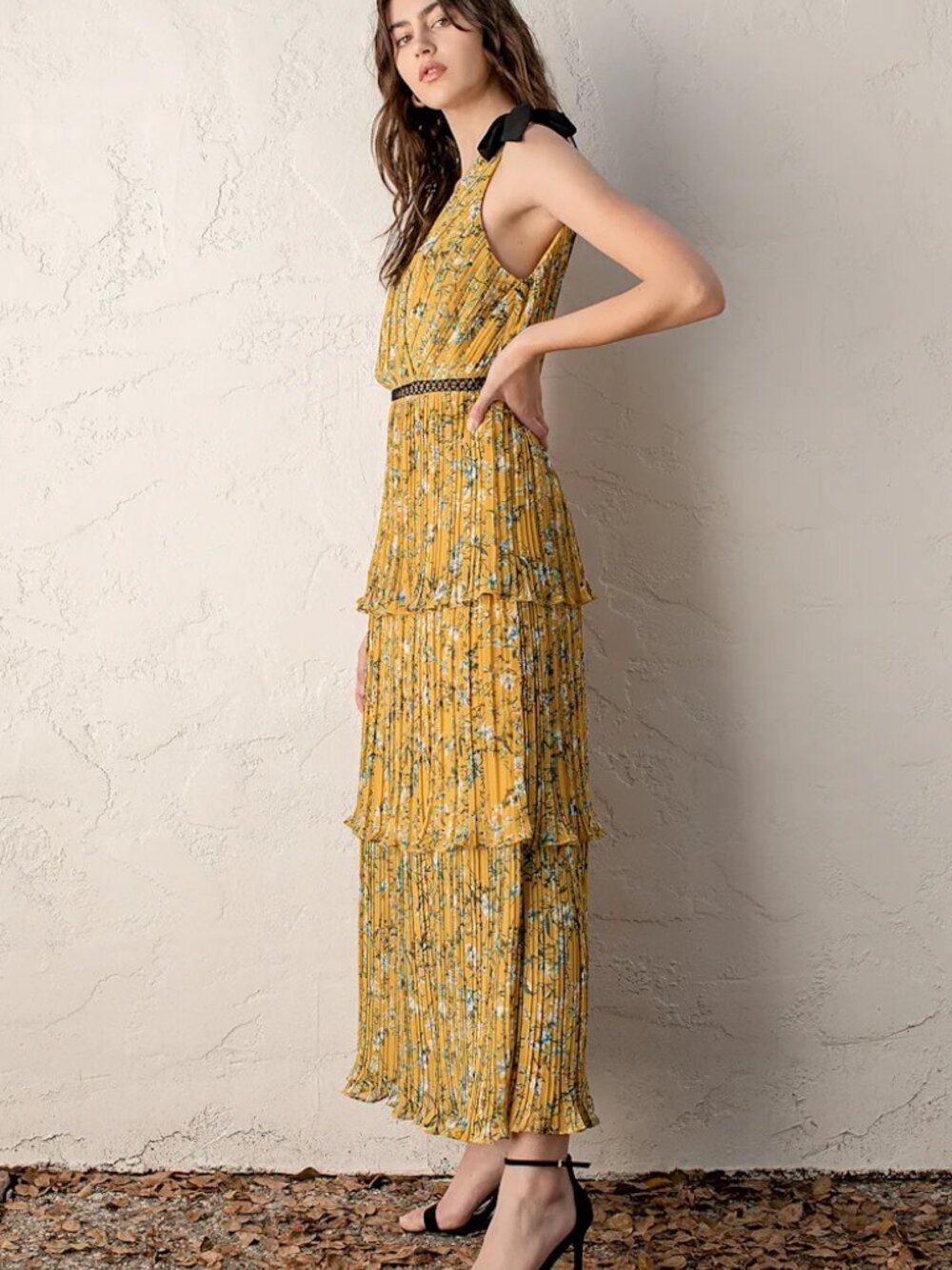 Lulus Such Sophistication Yellow Floral Print Pleated Summer Maxi Dress Size L - Picture 3 of 9